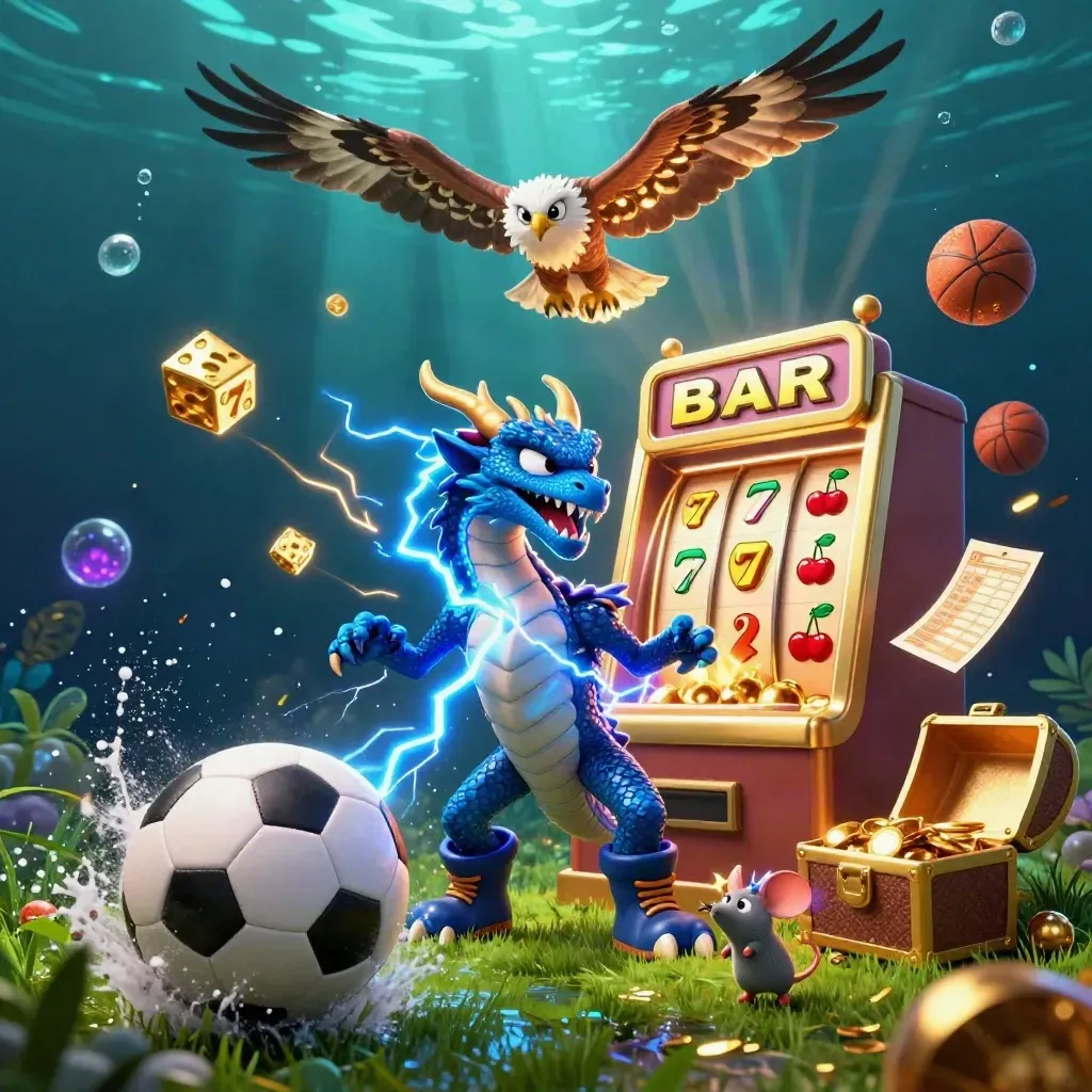 Thunder dragon, hawk, mouse, soccer ball, casino symbols, gold burst, underwater glow