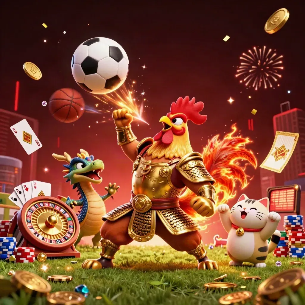 Rooster warrior, dragon hatchling and fortune cat amid casino sparks, balls and coins.