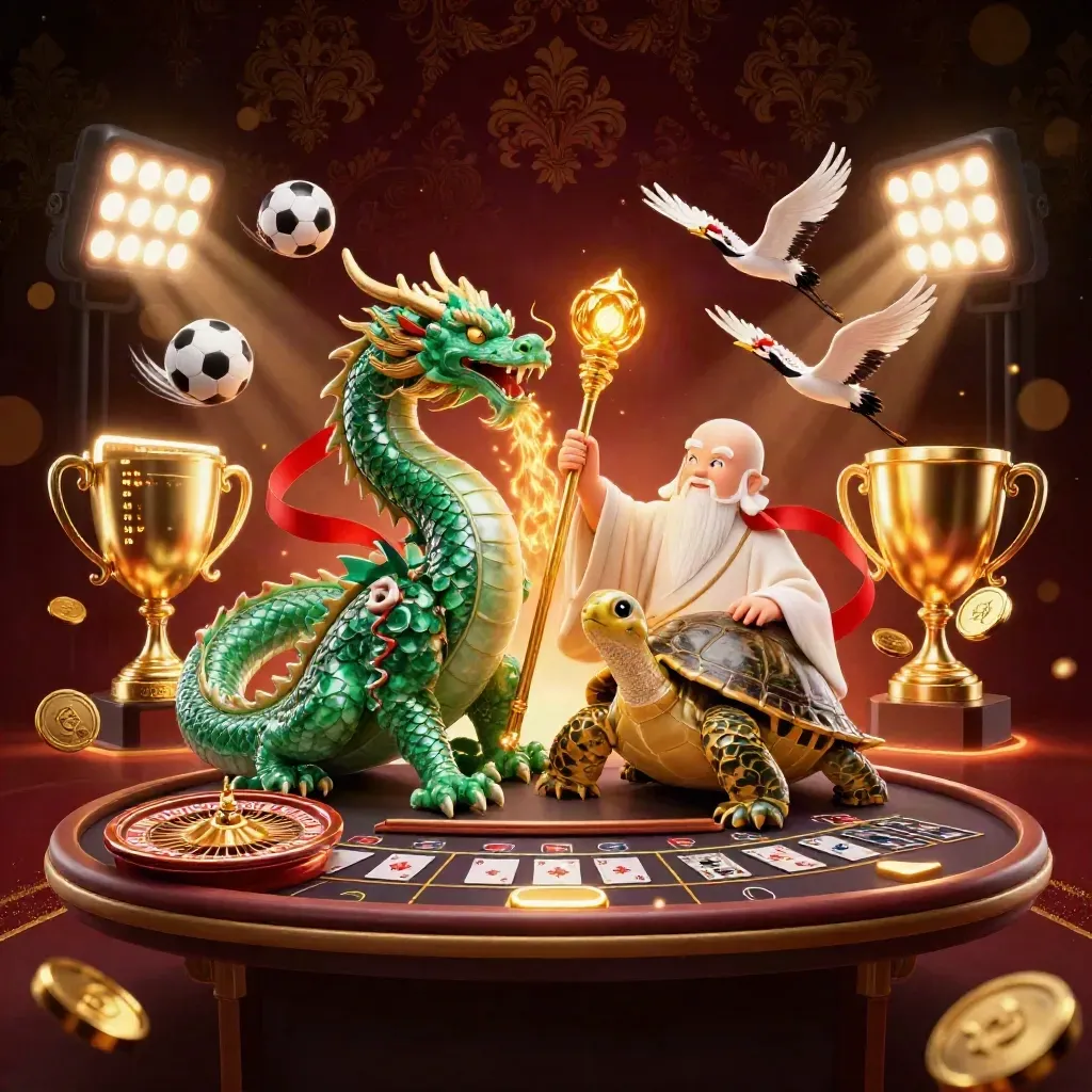 Emerald dragon, turtle sage, and cranes amid casino gold, balls, coins, trophy, and glowing lights.
