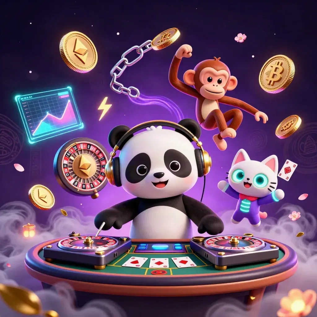 DJ panda, breakdancing monkey, and glow-stick kitten in a luxe neon casino room.
