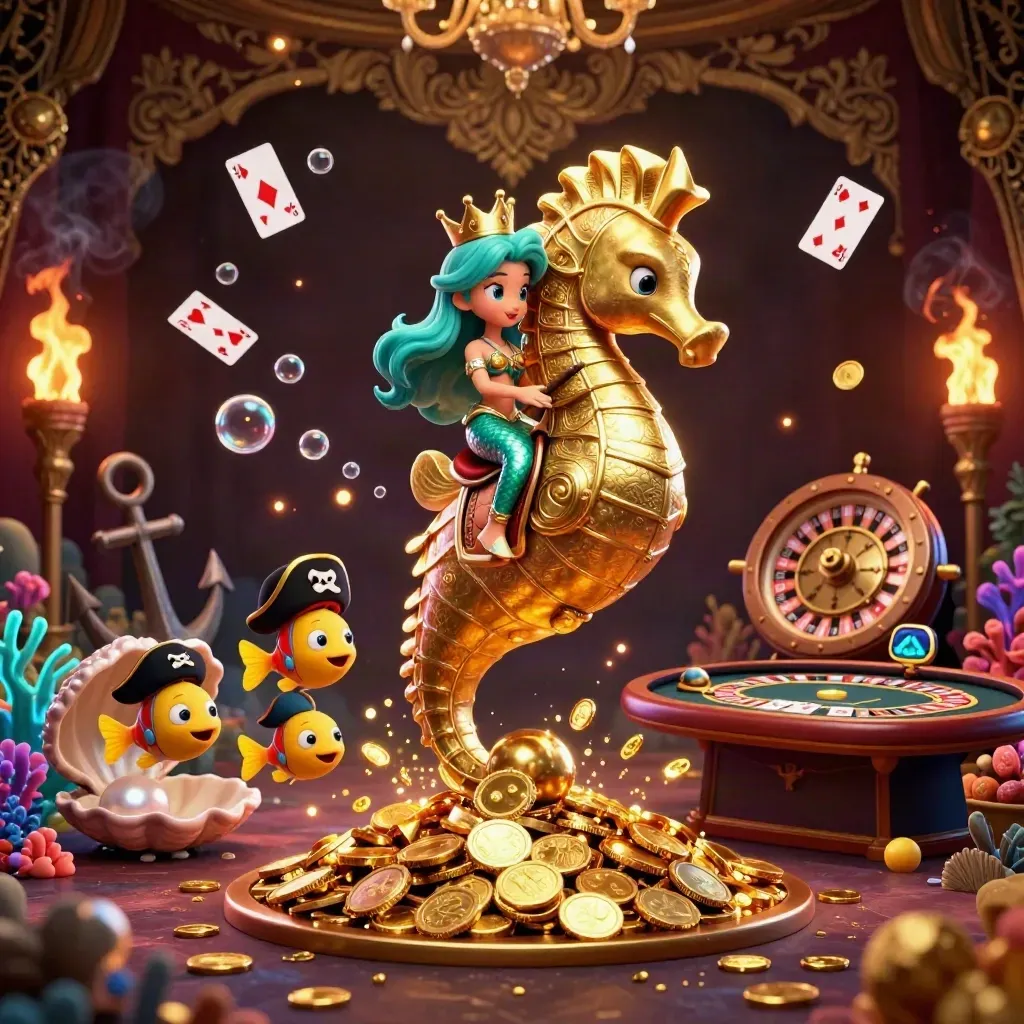 Mermaid princess on a gold-armored seahorse amid casino treasure, cards, coral, and glowing luxury.