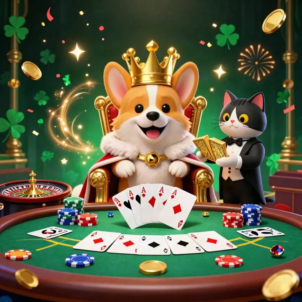 Crowned corgi and cat butler at a glowing casino table with chips, cards, sparkles, and fireworks.
