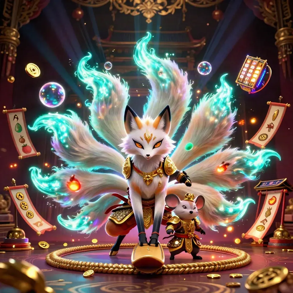 Nine-tailed fox spirit with samurai mouse in a luxe casino-fantasy scene of coins, banners, and neon glow.