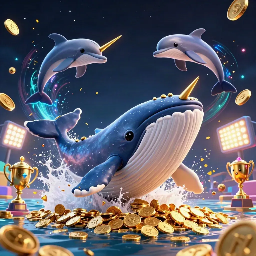 Whale captain, narwhal, and dolphins burst through coins with gems, balls, and a gold trophy