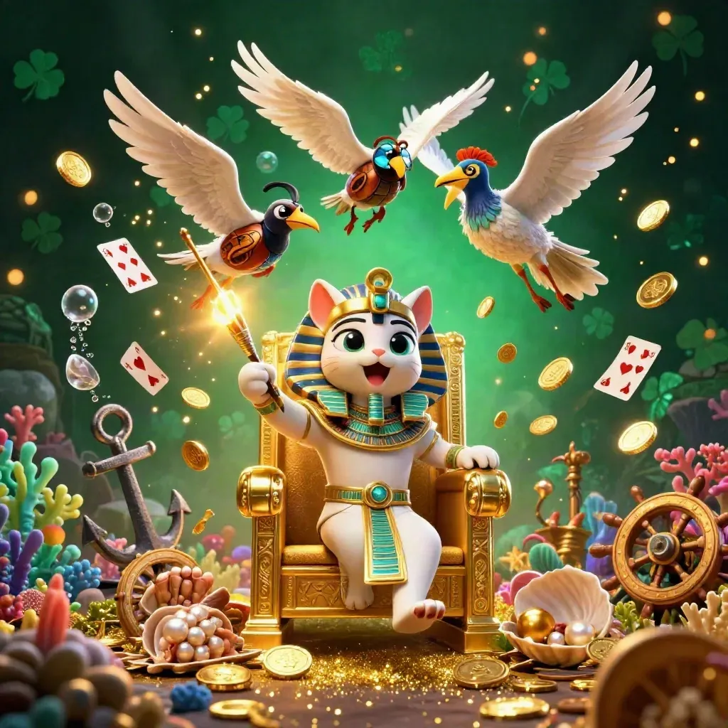 Pharaoh cat, ibis scribe, and gem-winged scarabs in an emerald treasure cove