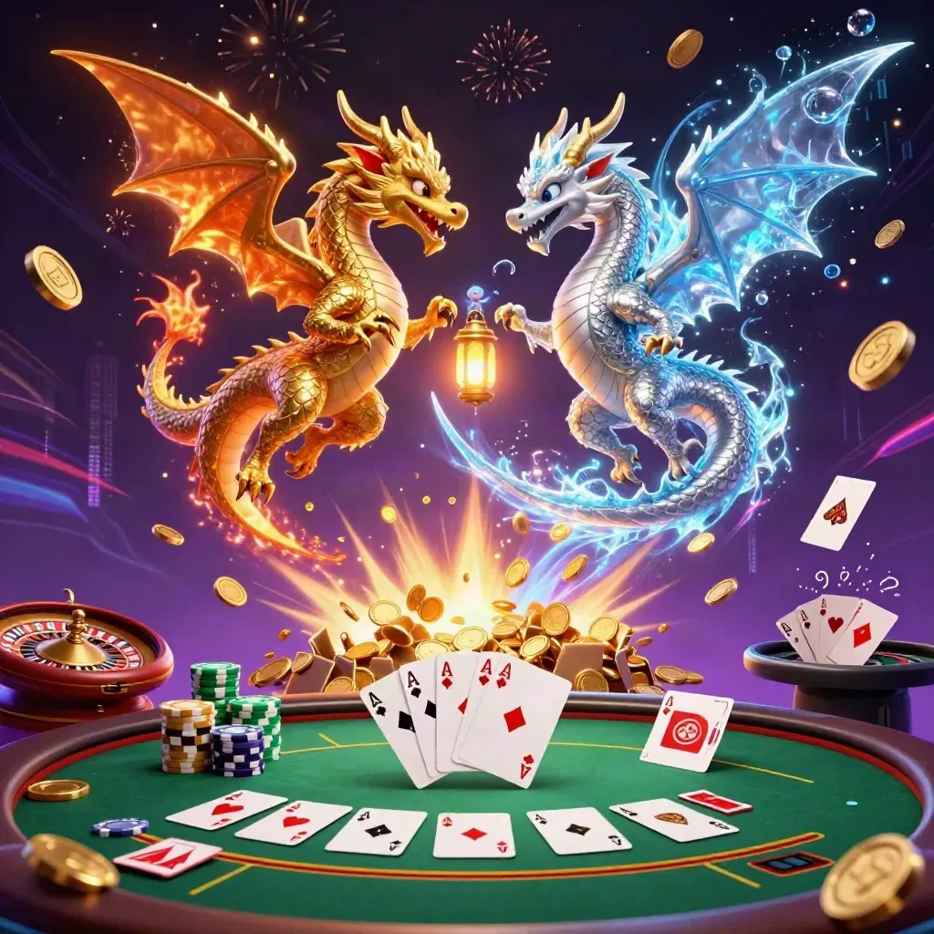 Twin gold and silver dragons amid casino coins, cards, and a vault burst in neon light.