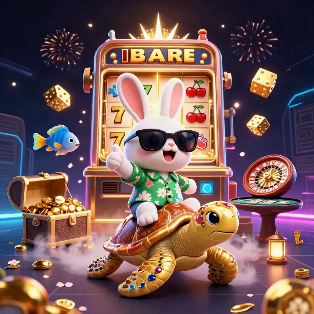 Lucky rabbit on a golden sea turtle amid casino bursts, coins, fireworks, and glowing game symbols.