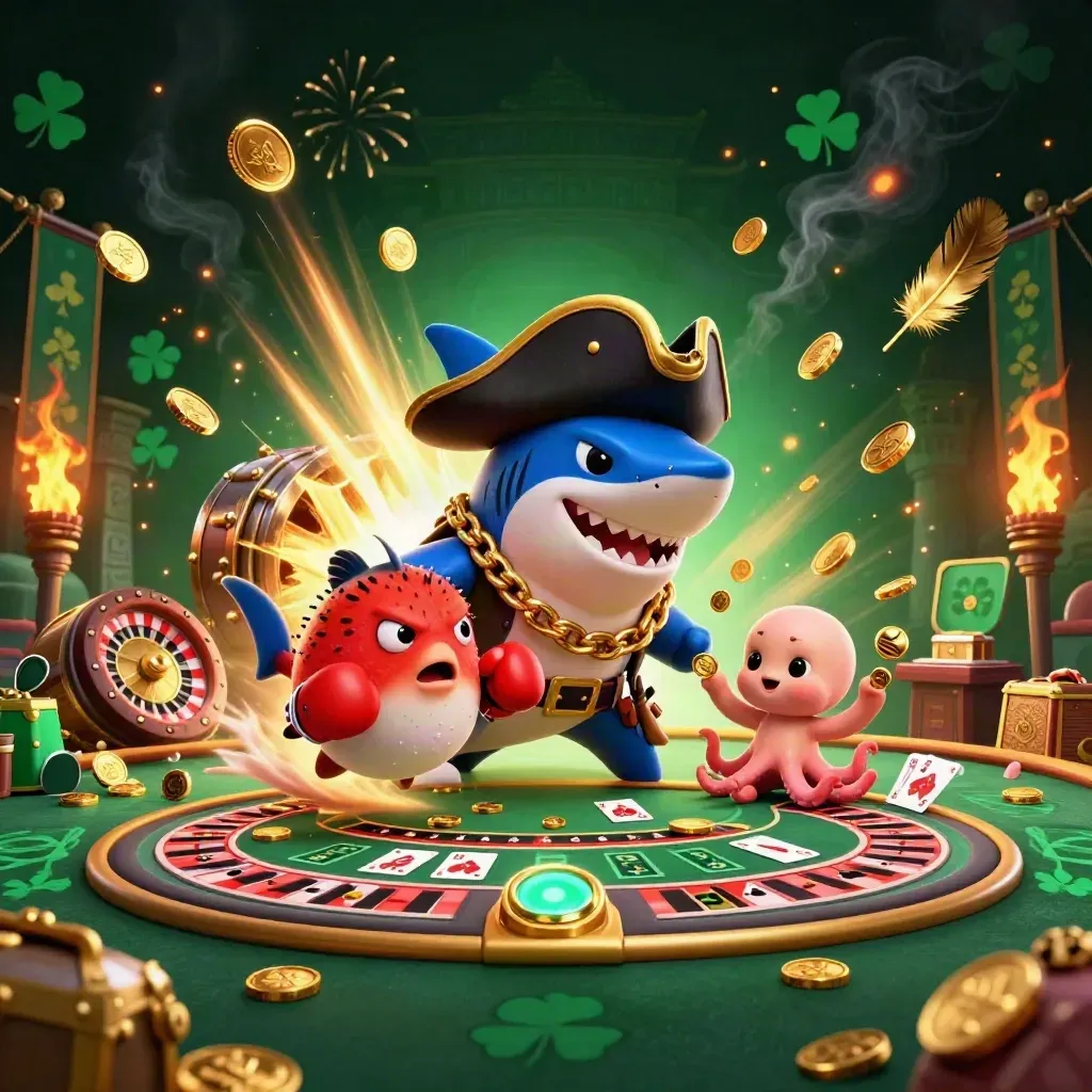 Shark pirate, pufferfish, and baby octopus amid vault coins, casino props, and fireworks.