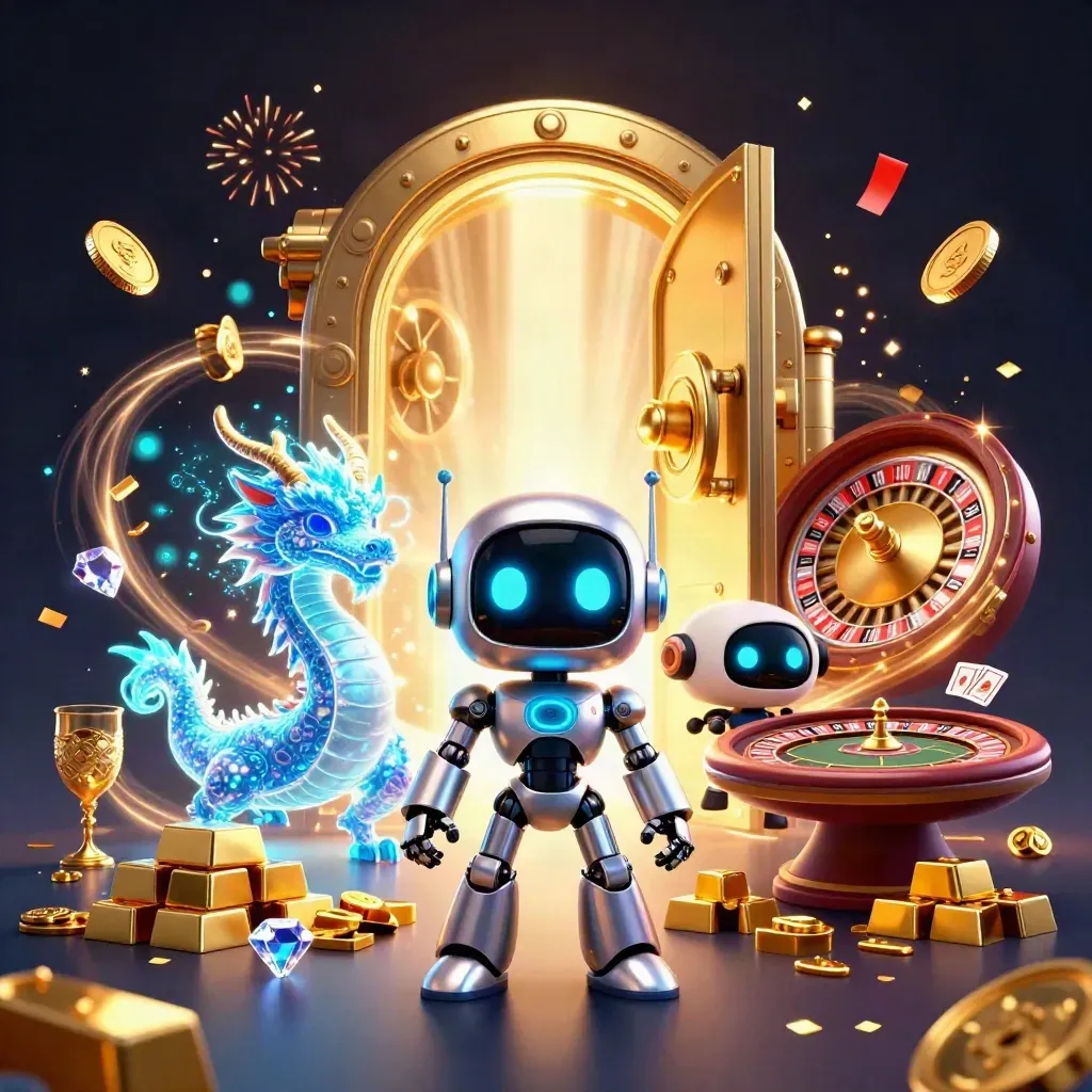 Robot mascot, holographic dragon, and coin drone amid vault gold, cards, and fireworks.