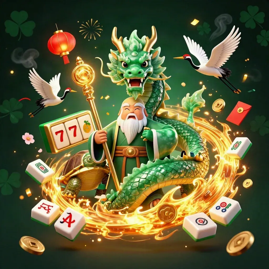 Emerald dragon, turtle sage, and cranes amid casino reels, lanterns, coins, and gold fire.