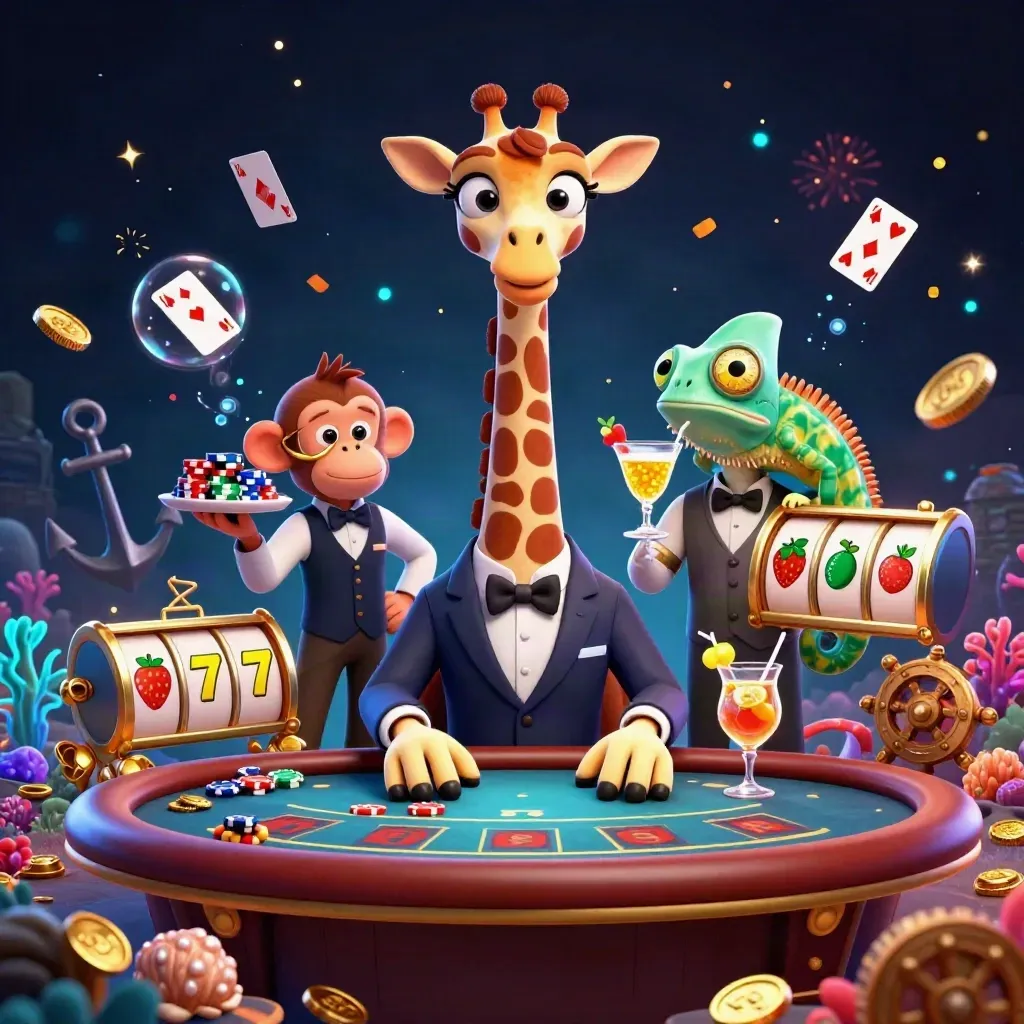 Giraffe, monkey valet, and chameleon at a luxe poker table amid treasure cove effects.