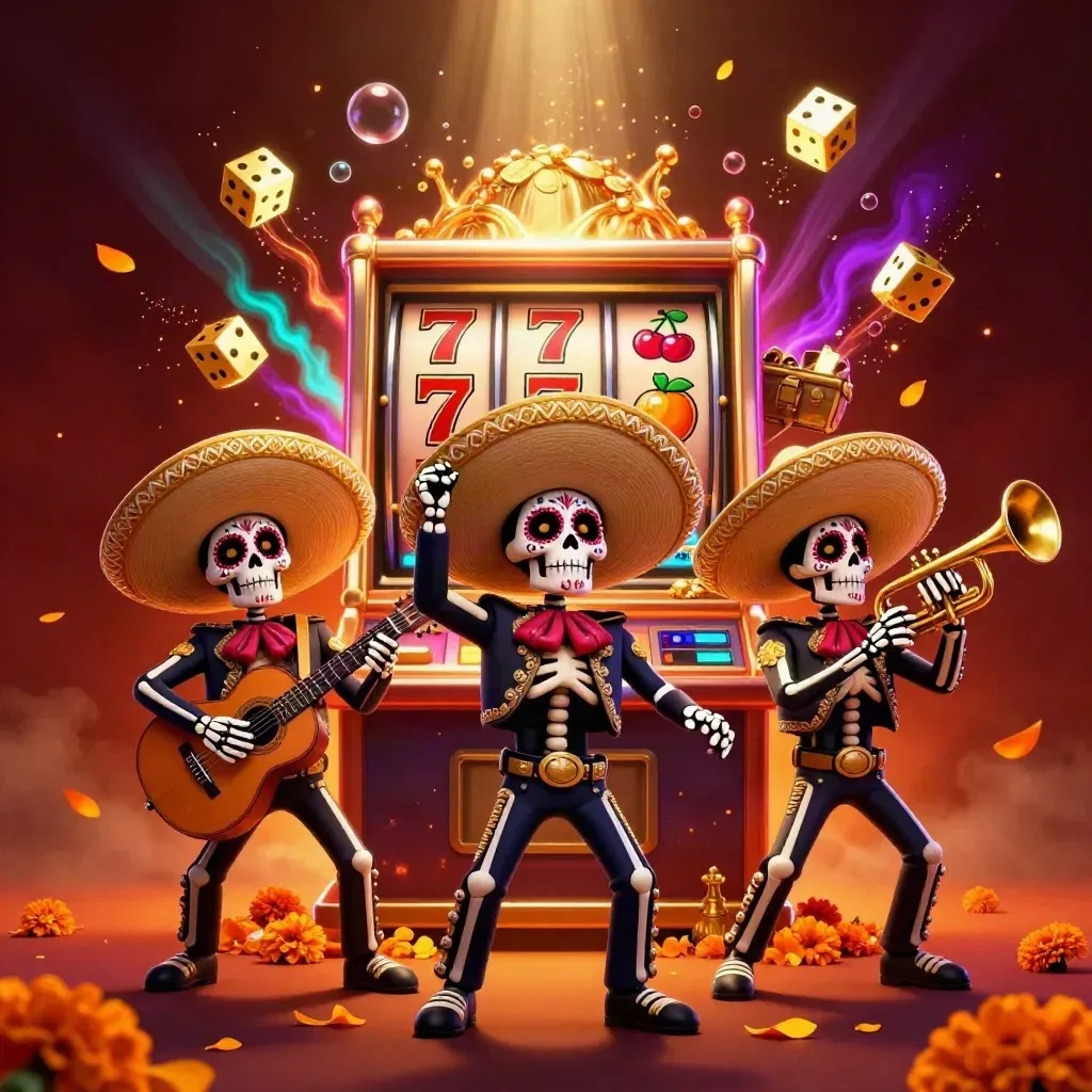 Skeleton mariachi trio with slot machine, gold, petals, and glowing casino effects.