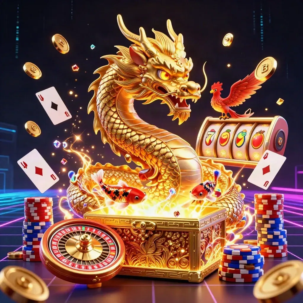 Golden dragon with phoenix and koi amid casino chips, cards, roulette wheel, coins, and neon effects.