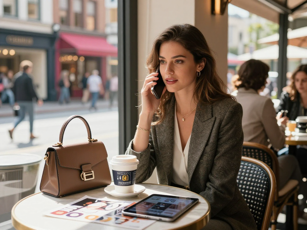 Gái gọi đang trò chuyện qua điện thoại tại quán café sang trọng giữa phố thị náo nhiệt.